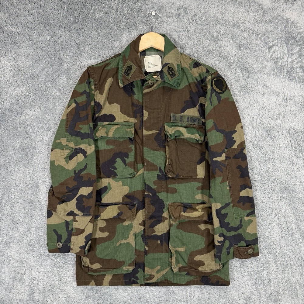 Vintage 80s Military Coat Jacket Mens S Long Woodland Camo Combat First Sergeant